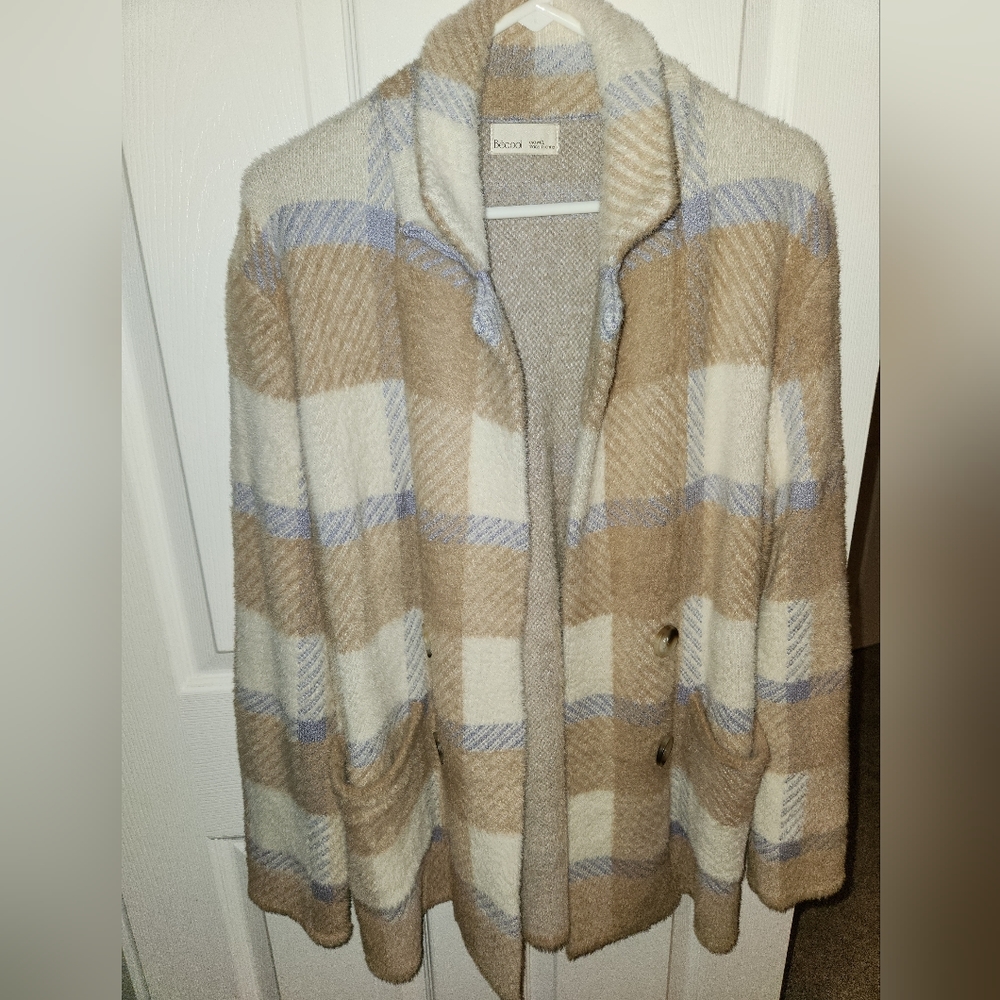 Becool taupe plaid fuzzy cardigan m/l